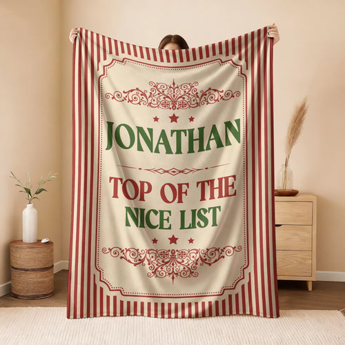 Your Name Nice List Red Striped Christmas Fleece Blanket JONATHAN 13K1 BK60