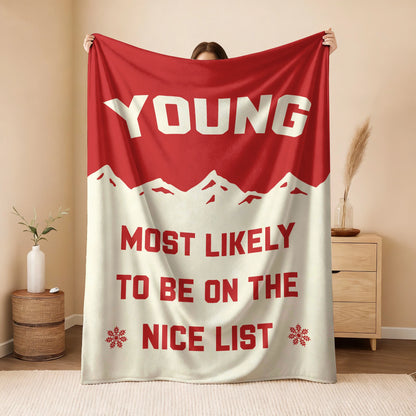 Most Likely on the Nice List Red Vintage Christmas Fleece Blanket YOUNG 13K1 BK63