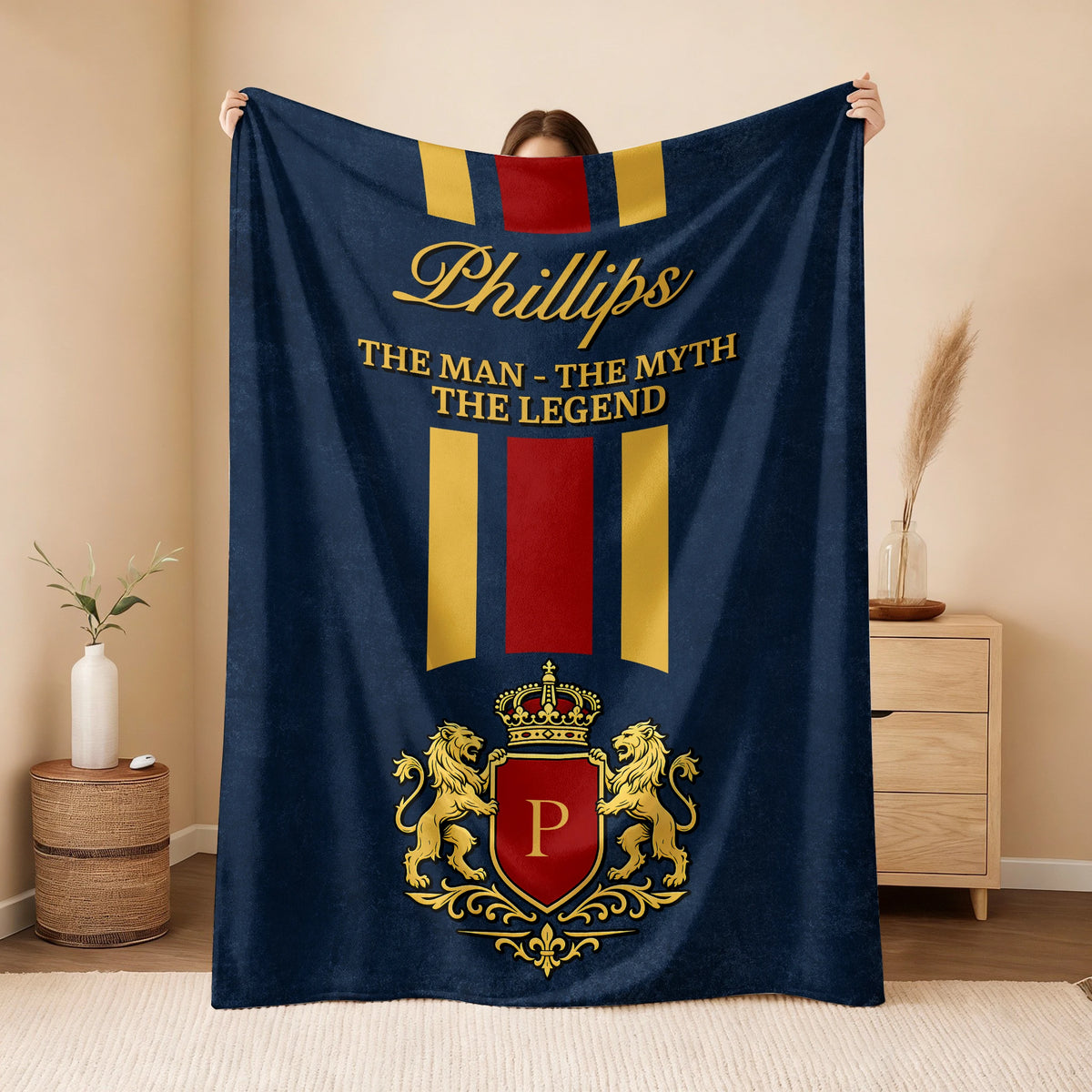 The Man The Myth The Legend Navy Striped Fleece Blanket PHILLIPS 13K1 BK16
