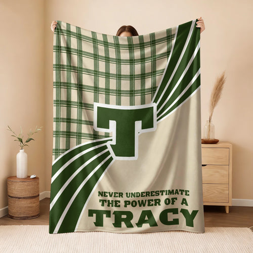 Never Underestimate Your Name Green & Cream Plaid Fleece Blanket TRACY 13K1 BK50
