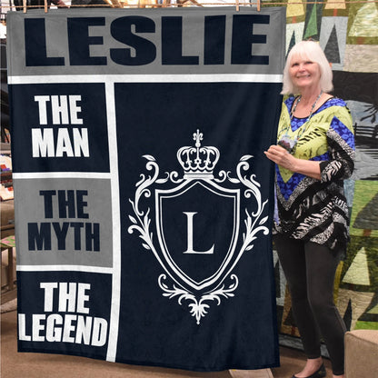 The Man The Myth The Legend Navy Gray & Gold Fleece Blanket  LESLIE 13K1 BK09