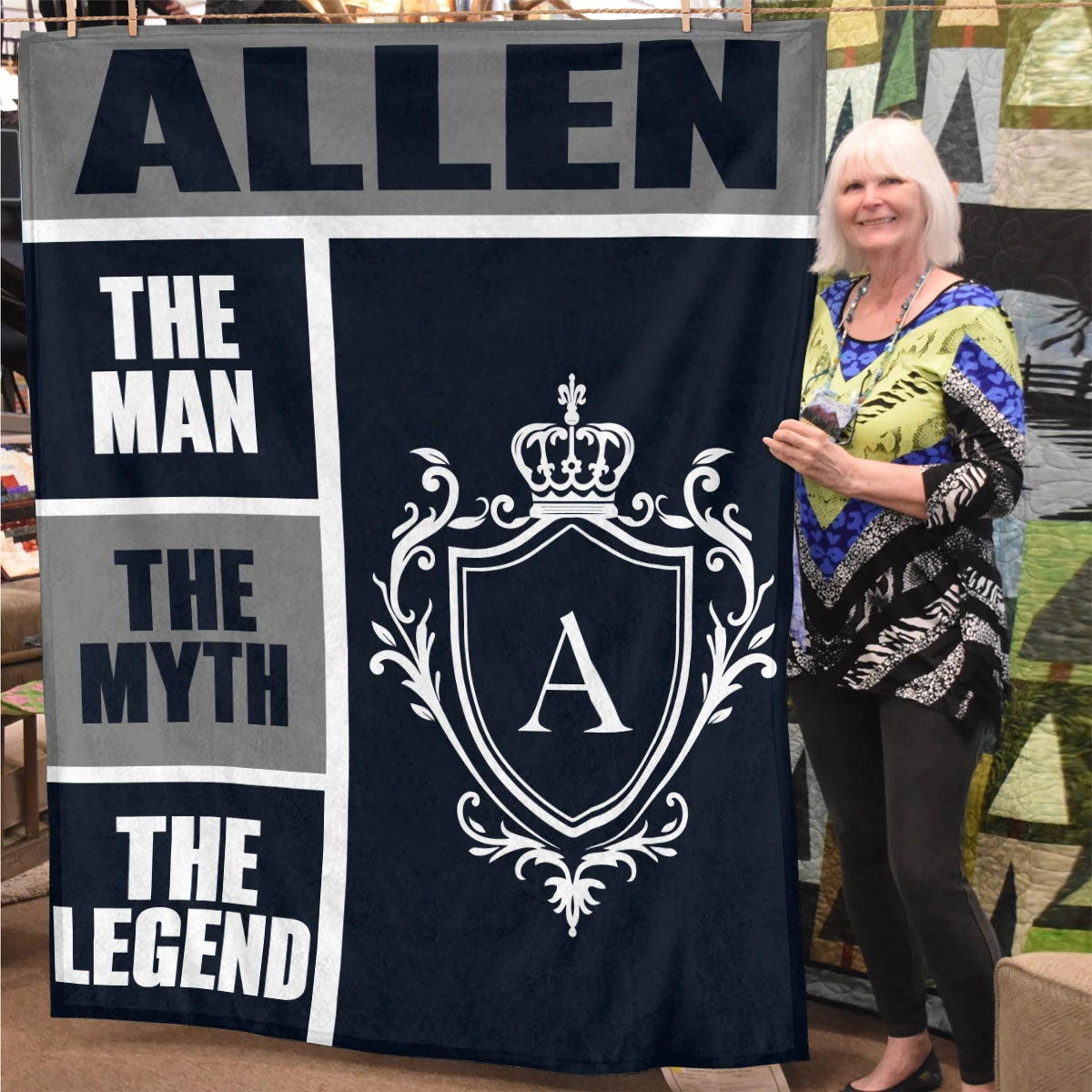 The Man The Myth The Legend Navy Gray & Gold Fleece Blanket  ALLEN 13K1 BK09