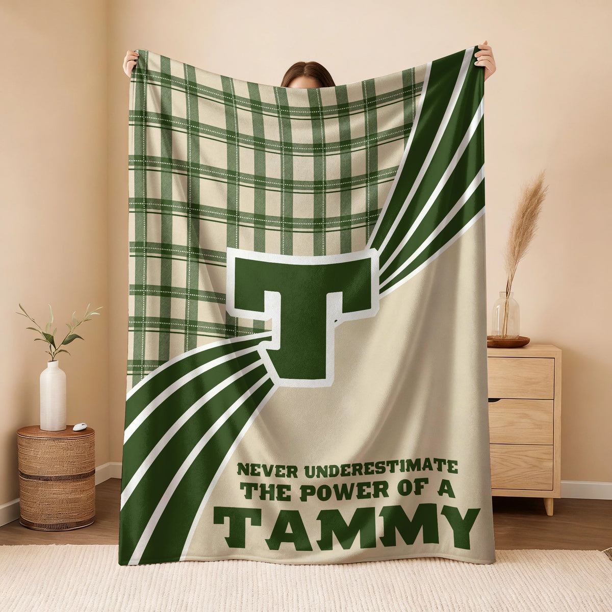 Never Underestimate Your Name Green & Cream Plaid Fleece Blanket TAMMY 13K1 BK50