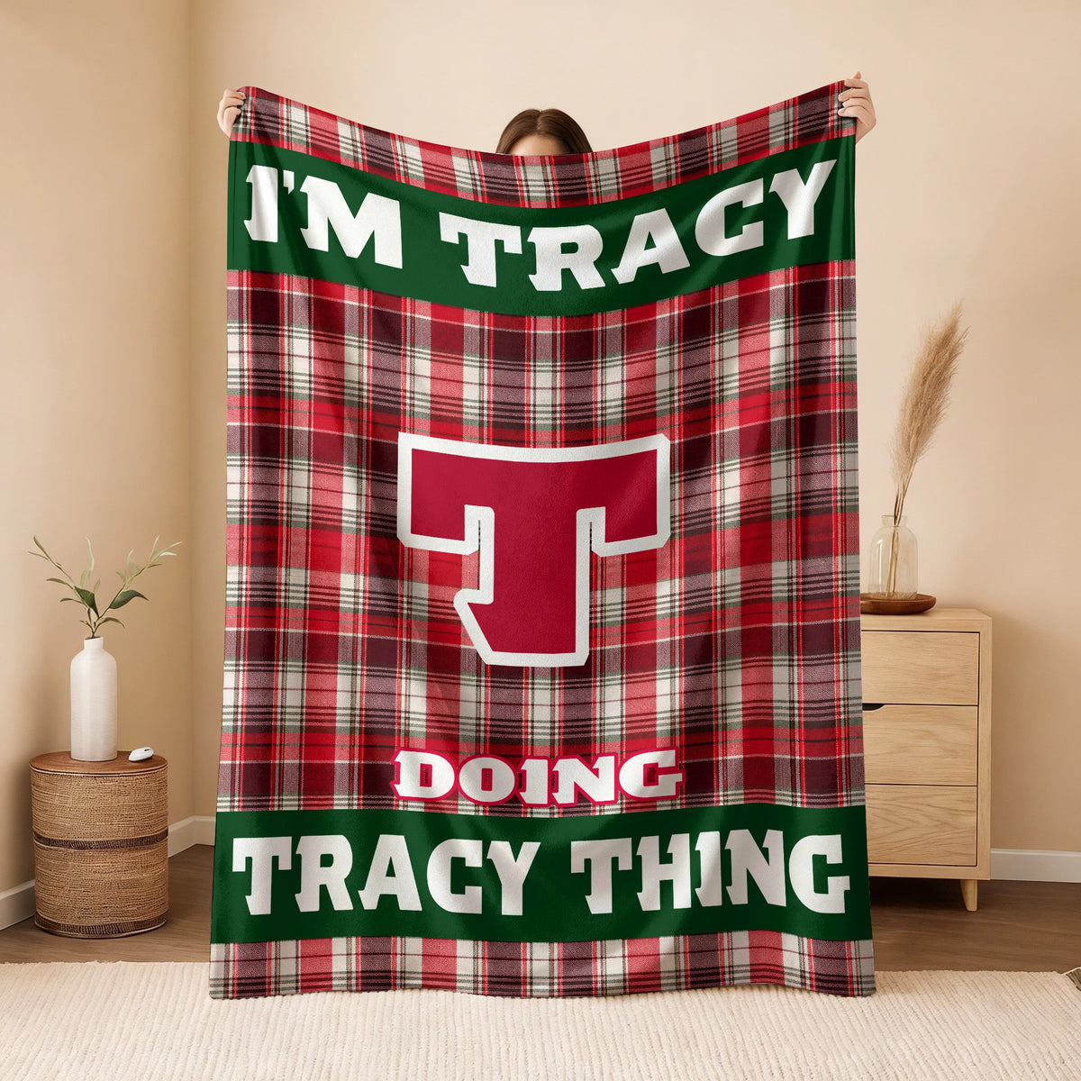 I'm Name Doing Name Things Red Plaid Fleece Blanket TRACY 13K1 BK49