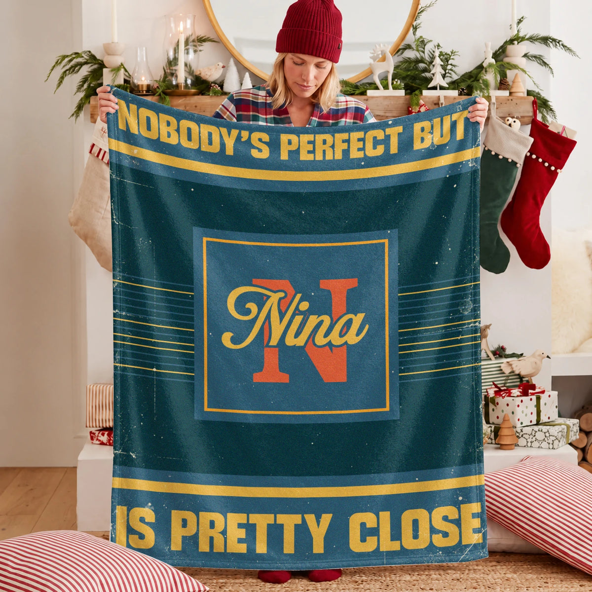 Nobody's Perfect But Your Name Is Close Vintage Blue & Brown Fleece Blanket NINA 13K1 BK54