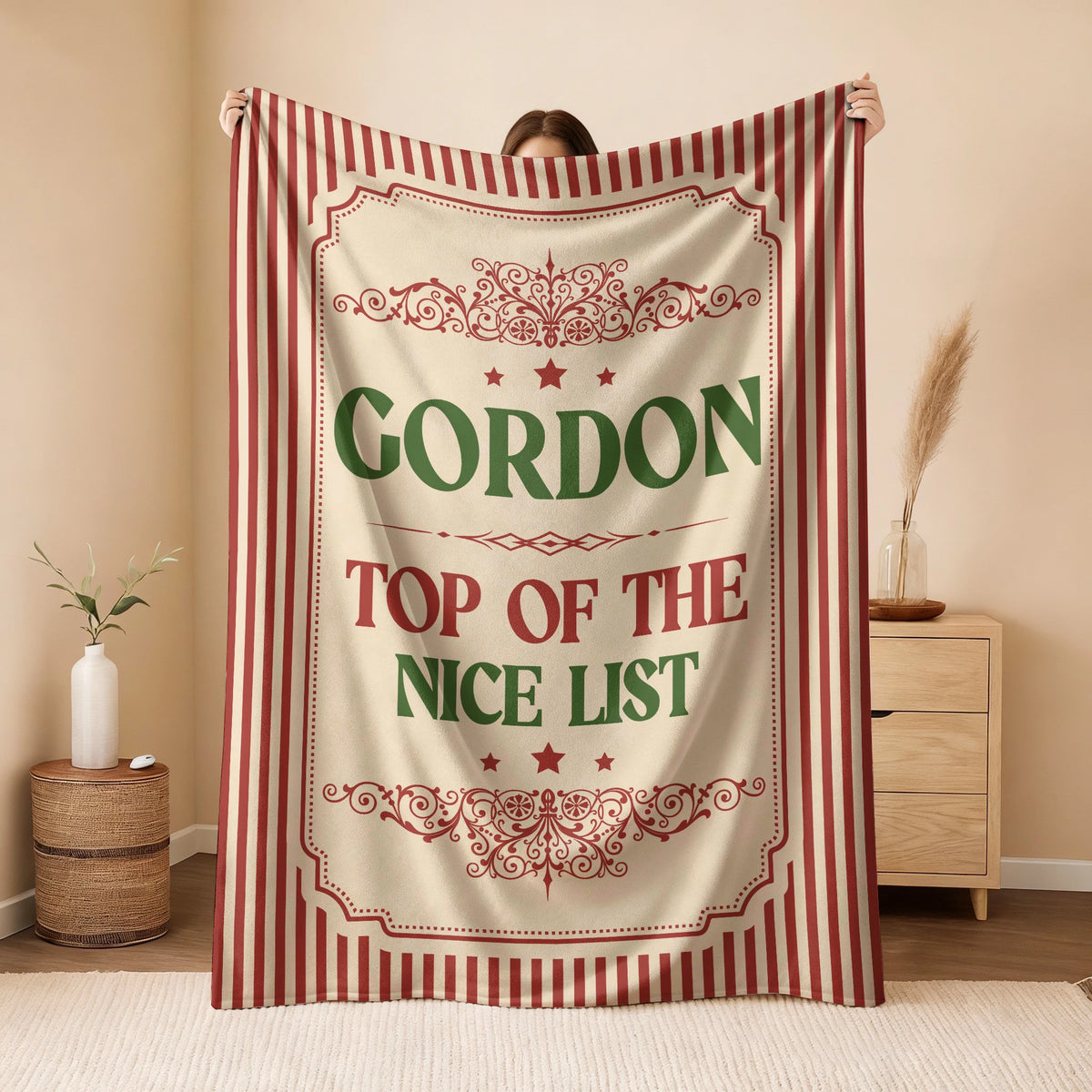Your Name Nice List Red Striped Christmas Fleece Blanket GORDON 13K1 BK60