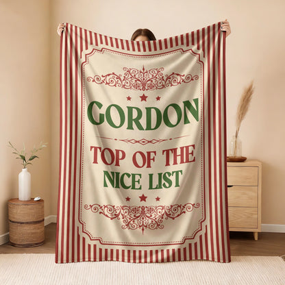 Your Name Nice List Red Striped Christmas Fleece Blanket GORDON 13K1 BK60