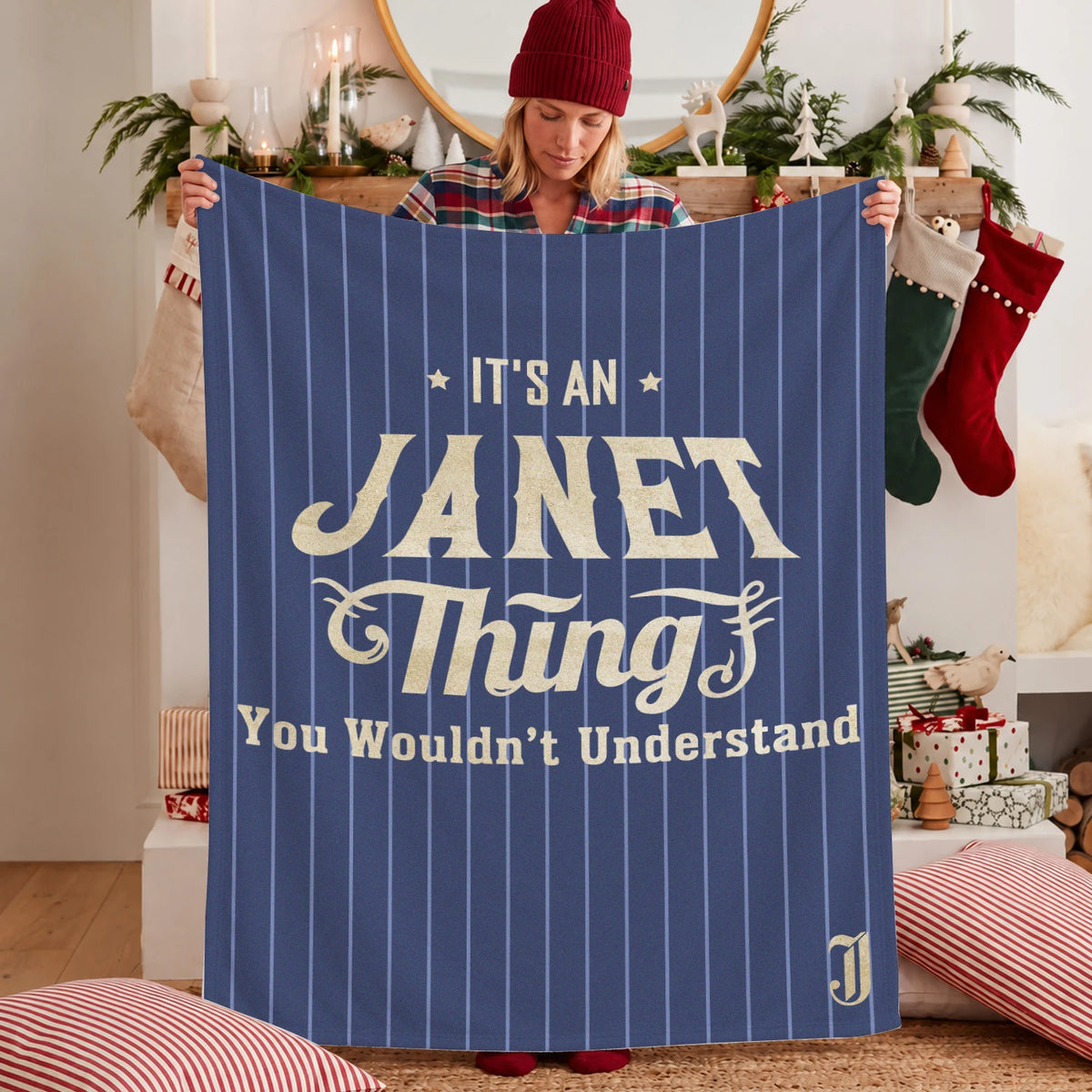 Your Name Thing Striped Blue Fleece Blanket JANET 13K1 BK23