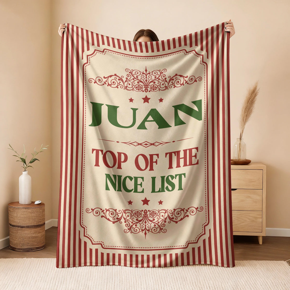 Your Name Nice List Red Striped Christmas Fleece Blanket JUAN 13K1 BK60