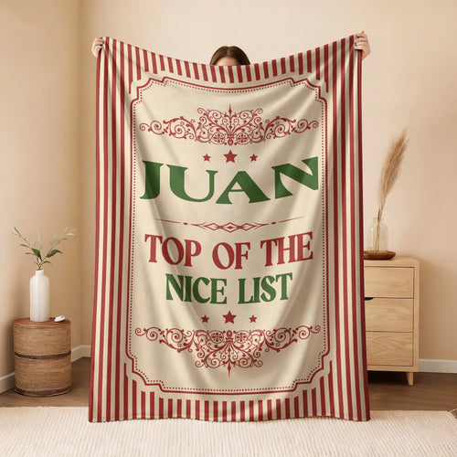 Your Name Nice List Red Striped Christmas Fleece Blanket JUAN 13K1 BK60