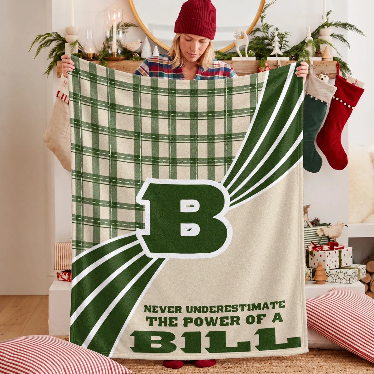 Never Underestimate Your Name Green & Cream Plaid Fleece Blanket BILL 13K1 BK50