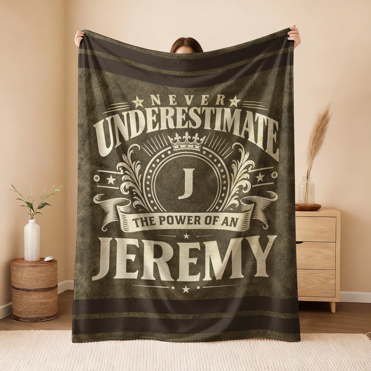 Never Underestimate The Power Of A Name Olive Green Army Fleece Blanket JEREMY 13K1 BK46