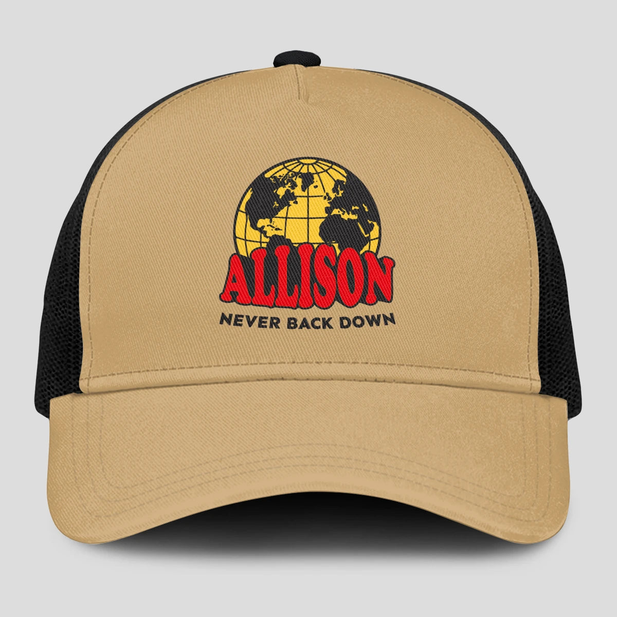 Never Back Down World Logo Khaki Mesh Cap ALLISON 13K1 C212PF