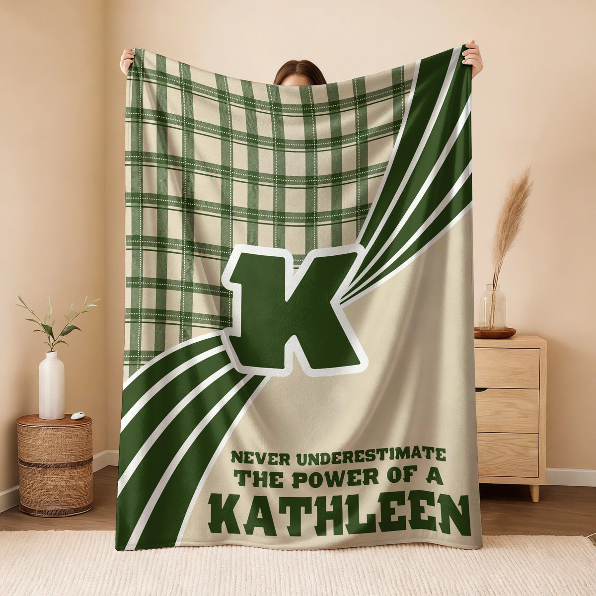 Never Underestimate Your Name Green & Cream Plaid Fleece Blanket KATHLEEN 13K1 BK50