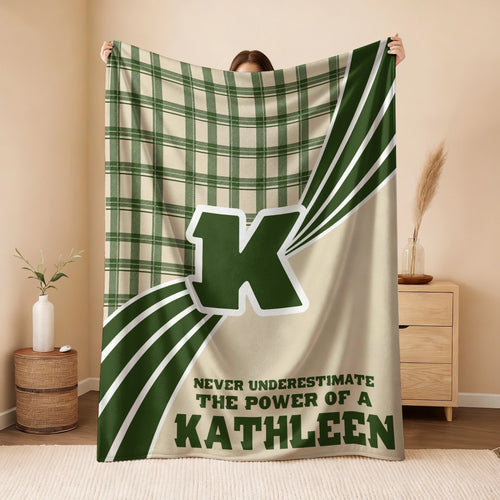 Never Underestimate Your Name Green & Cream Plaid Fleece Blanket KATHLEEN 13K1 BK50