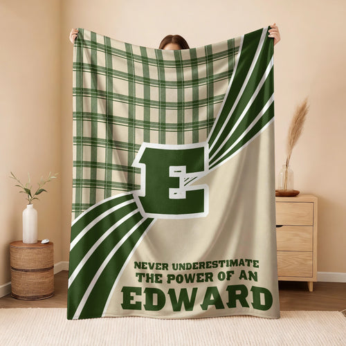 Never Underestimate Your Name Green & Cream Plaid Fleece Blanket EDWARD 13K1 BK50