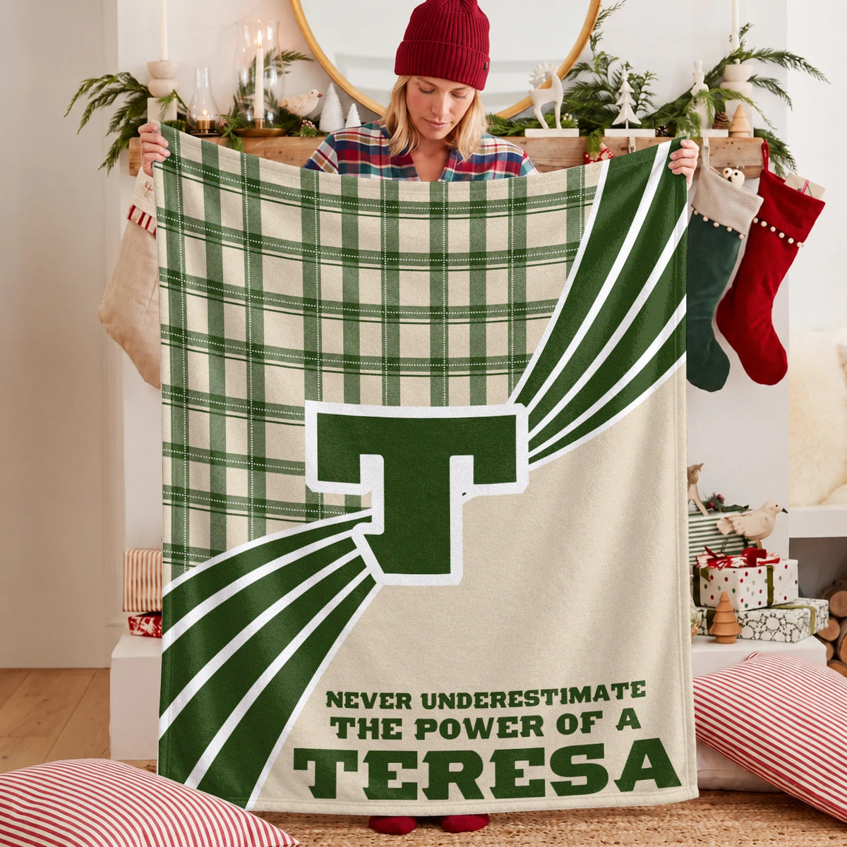 Never Underestimate Your Name Green & Cream Plaid Fleece Blanket TERESA 13K1 BK50