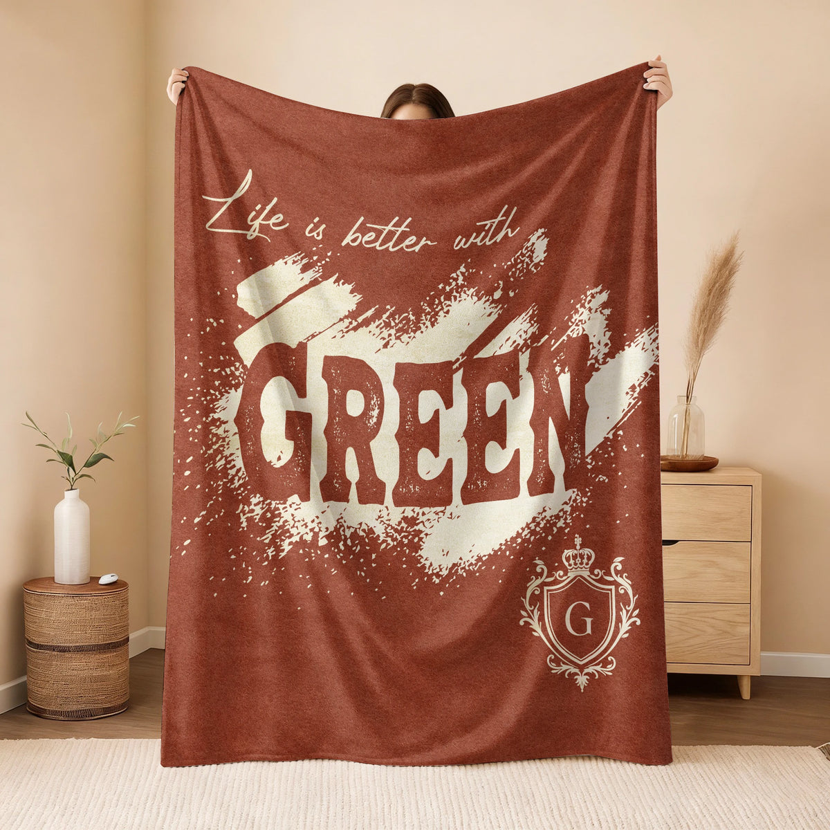 Life Is Better With Your Name Terracotta Cream Fleece Blanket GREEN 13K1 BK30