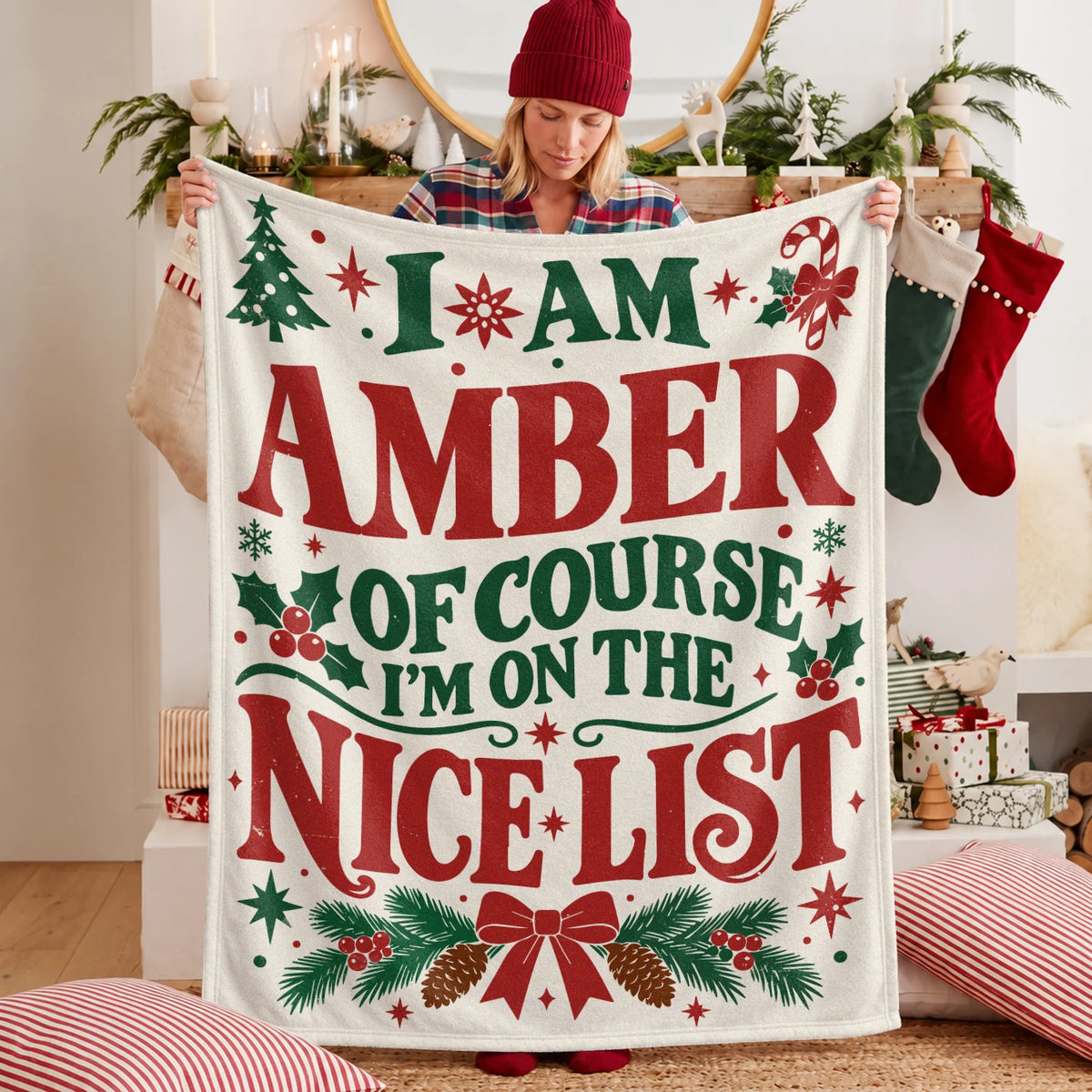 I'm Name Of Course I'm On The Nice List Cream Christmas Fleece Blanket AMBER 13K1 BK59