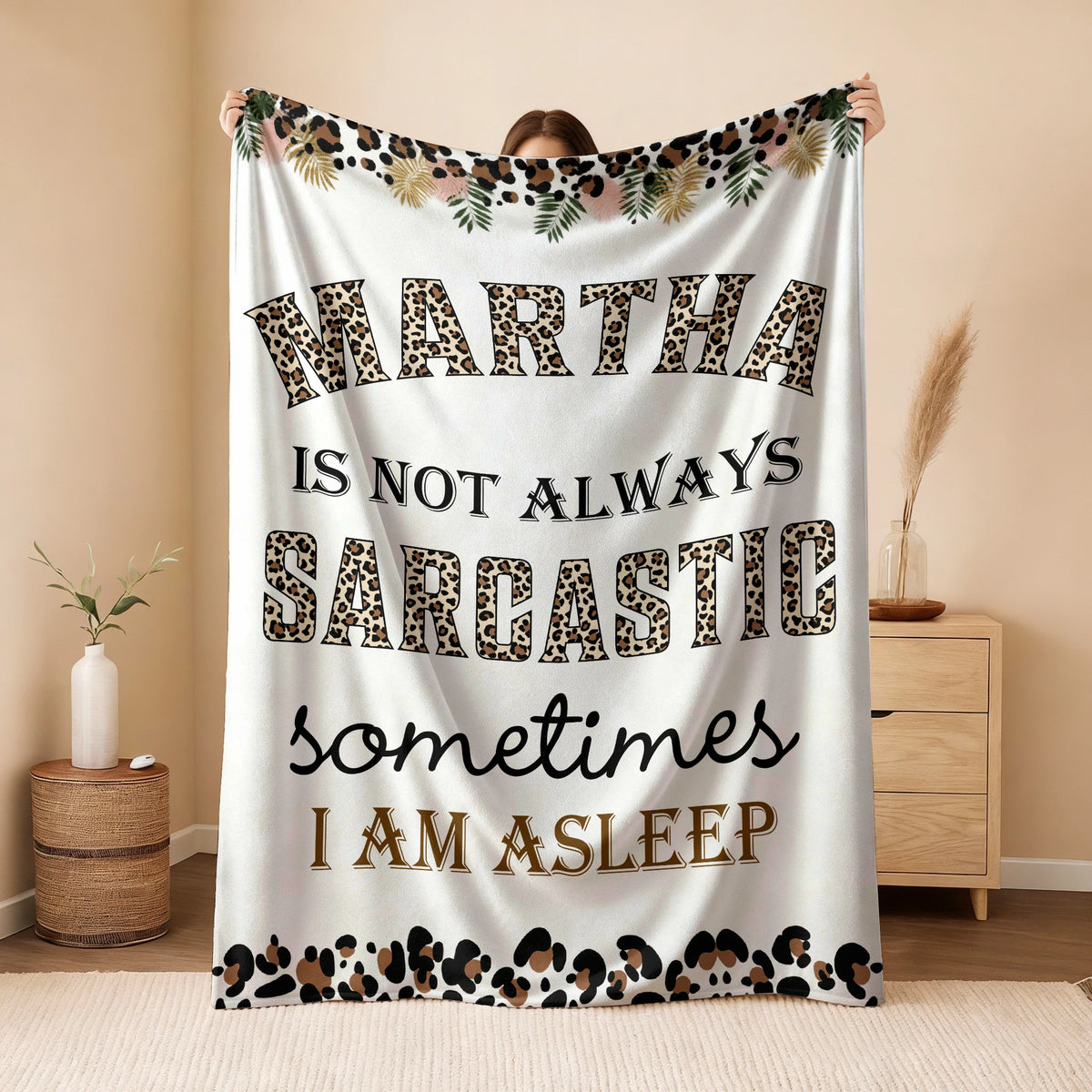 Your Name Sarcastic Leopard Print Fleece Blanket MARTHA 13K1 BK61