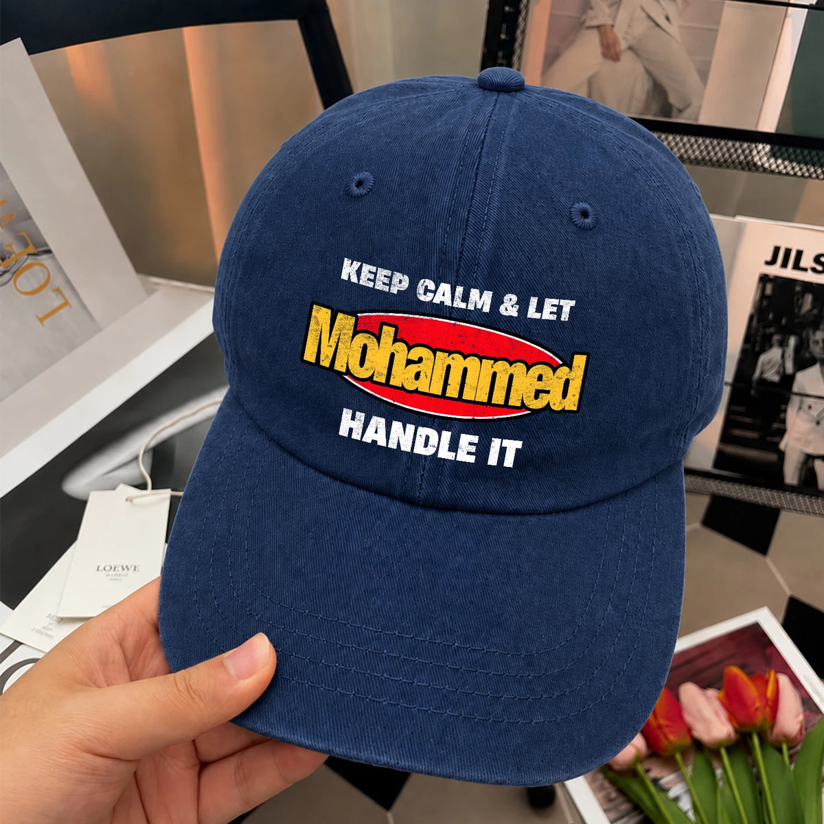 Keep Calm & Let Your Name Handle It Yellow And Red Logo Washed Cap MOHAMMED 13K1 C172PF