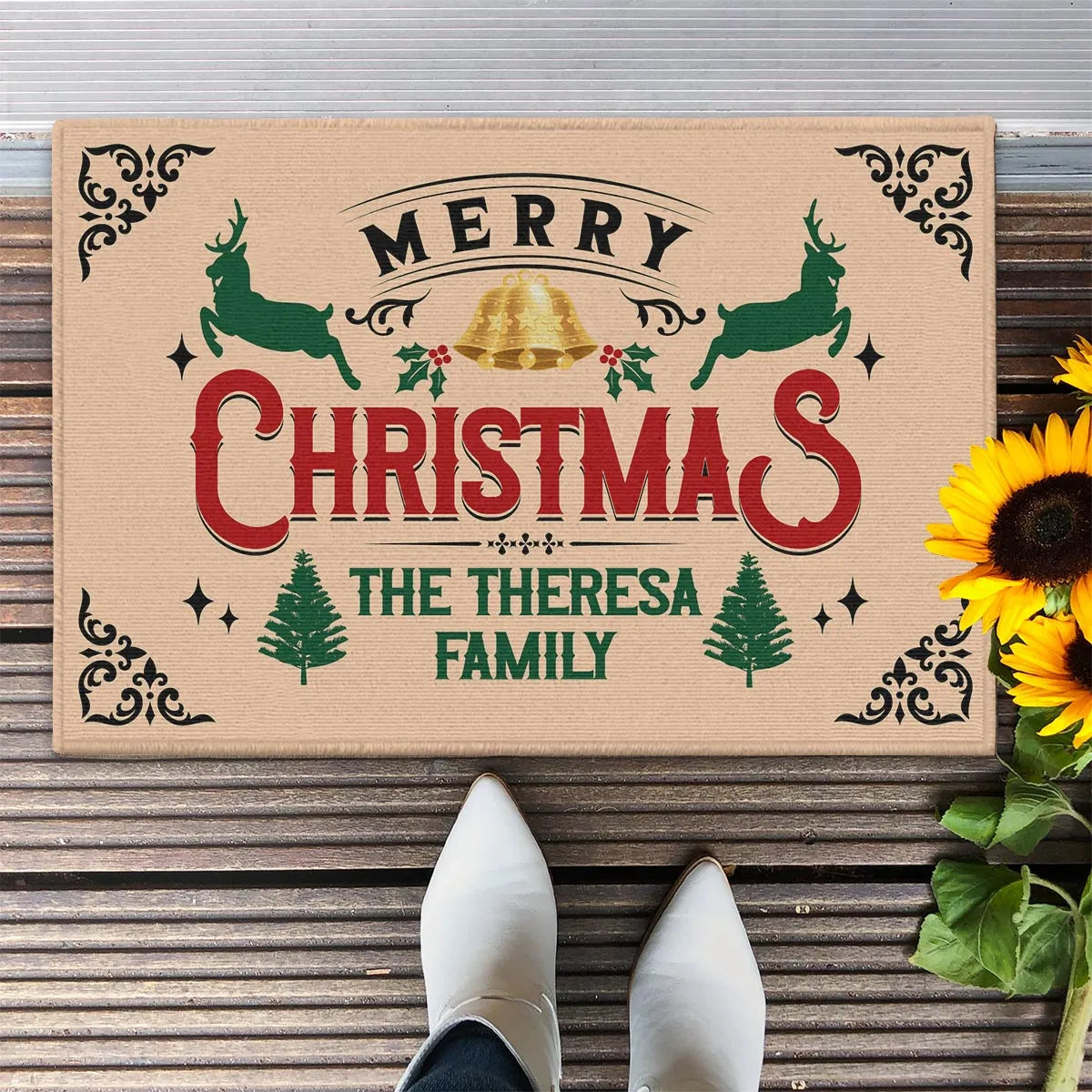 THERESA Family Merry Christmas Doormat – Personalized Holiday Welcome Mat