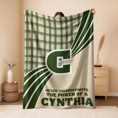Never Underestimate Your Name Green & Cream Plaid Fleece Blanket CYNTHIA 13K1 BK50