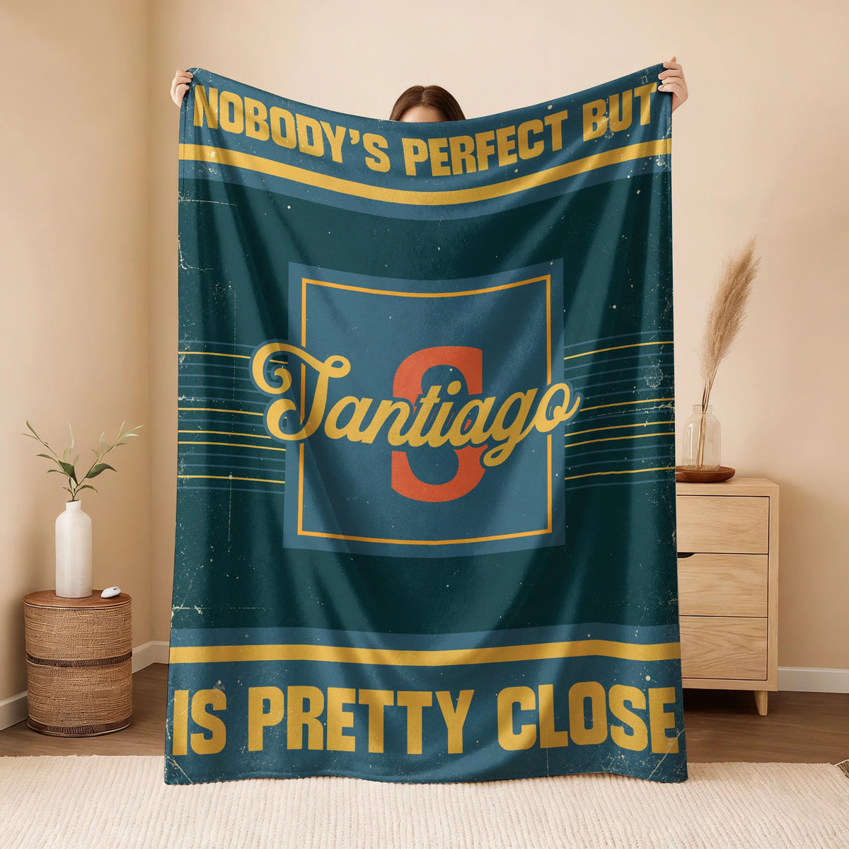 Nobody's Perfect But Your Name Is Close Vintage Blue & Brown Fleece Blanket SANTIAGO 13K1 BK54