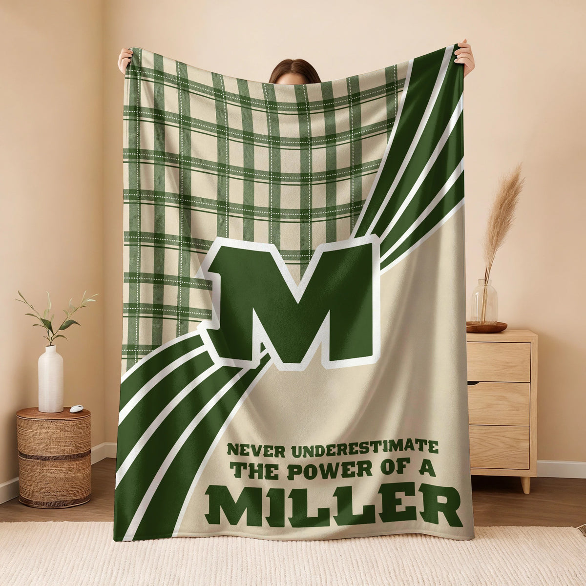 Never Underestimate Your Name Green & Cream Plaid Fleece Blanket MILLER 13K1 BK50