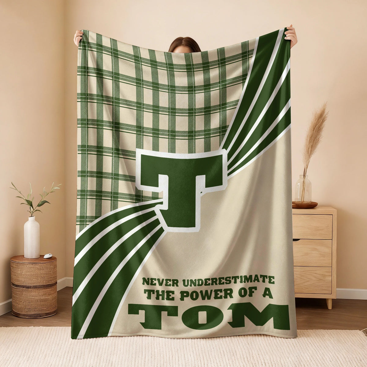 Never Underestimate Your Name Green & Cream Plaid Fleece Blanket TOM 13K1 BK50