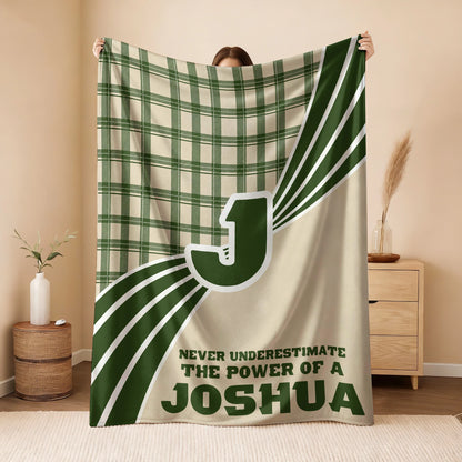 Never Underestimate Your Name Green & Cream Plaid Fleece Blanket JOSHUA 13K1 BK50