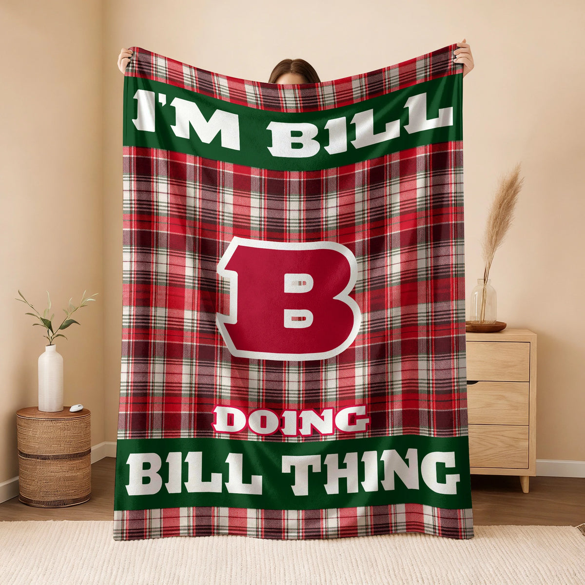 I'm Name Doing Name Things Red Plaid Fleece Blanket BILL 13K1 BK49
