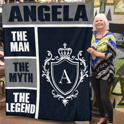 The Man The Myth The Legend Navy Gray & Gold Fleece Blanket  ANGELA 13K1 BK09