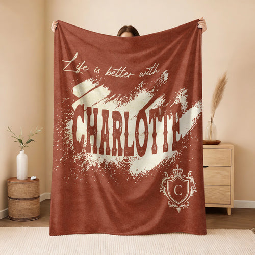 Life Is Better With Your Name Terracotta Cream Fleece Blanket CHARLOTTE 13K1 BK30