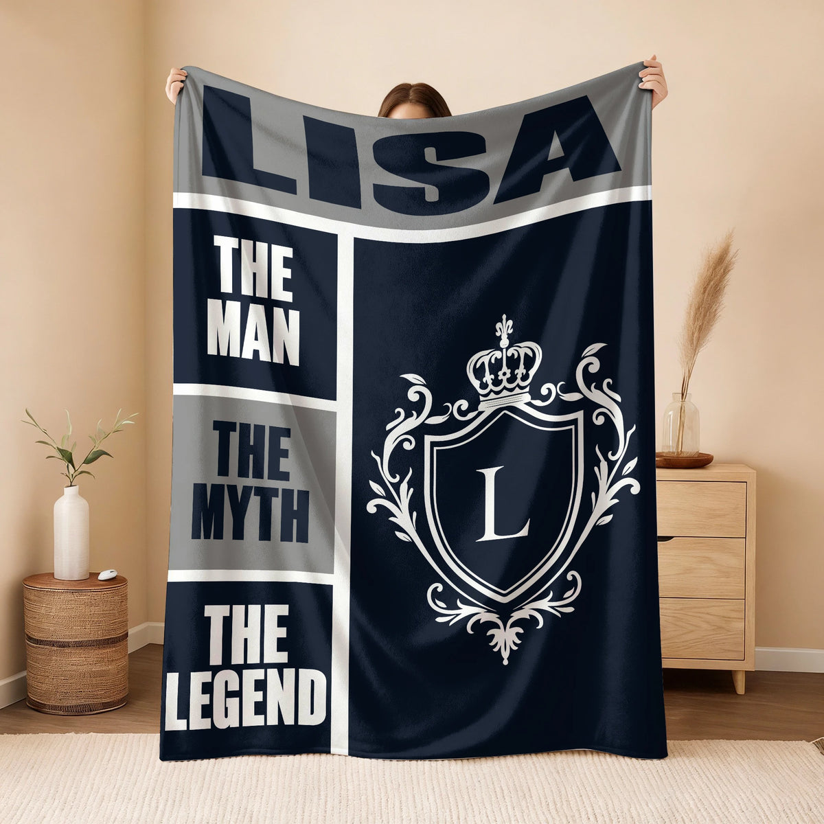 The Man The Myth The Legend Navy Gray & Gold Fleece Blanket  LISA 13K1 BK09