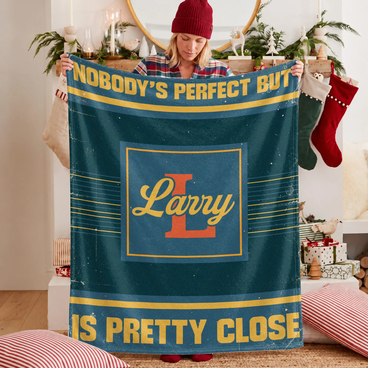 Nobody's Perfect But Your Name Is Close Vintage Blue & Brown Fleece Blanket LARRY 13K1 BK54