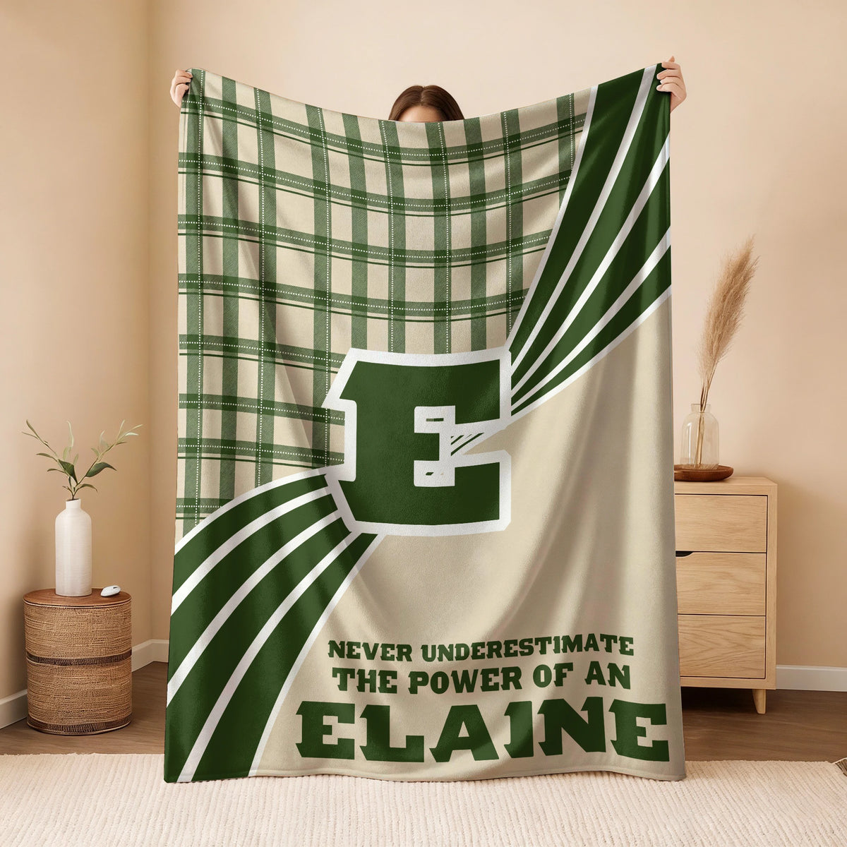 Never Underestimate Your Name Green & Cream Plaid Fleece Blanket ELAINE 13K1 BK50