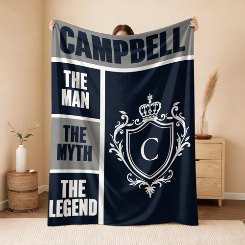The Man The Myth The Legend Navy Gray & Gold Fleece Blanket  CAMPBELL 13K1 BK09