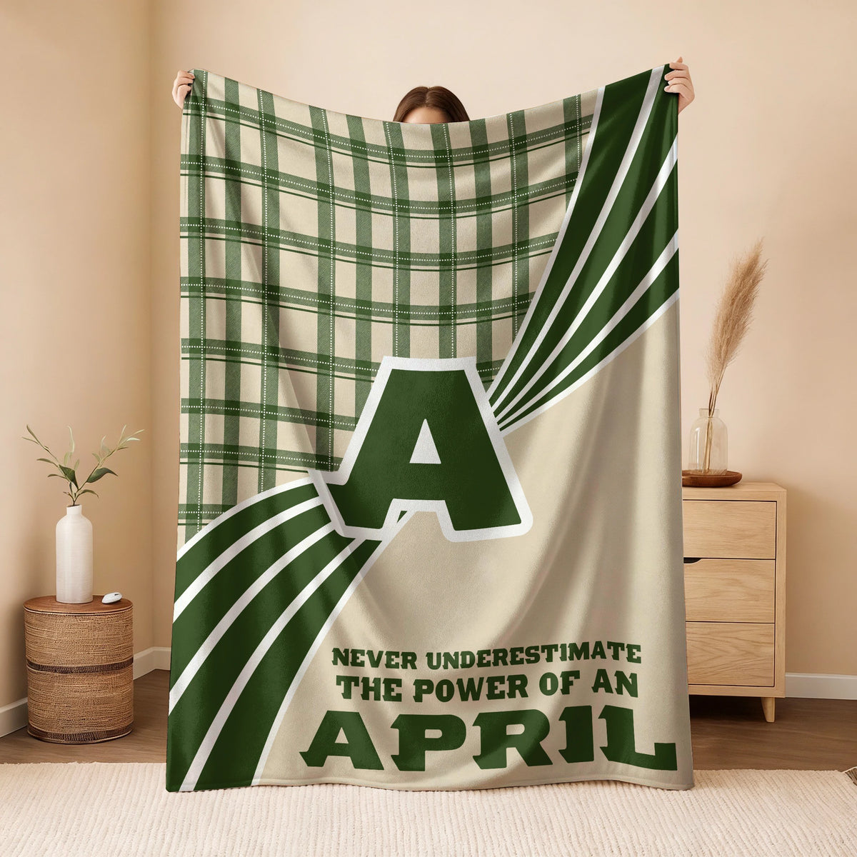 Never Underestimate Your Name Green & Cream Plaid Fleece Blanket APRIL 13K1 BK50