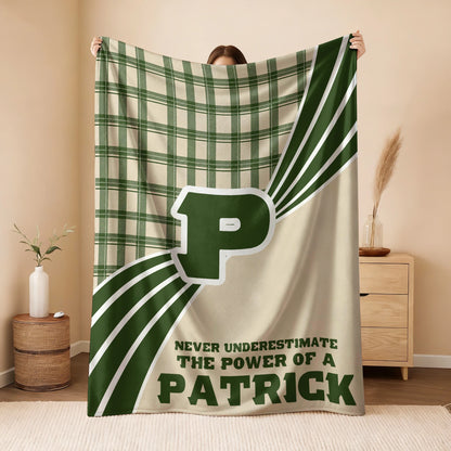 Never Underestimate Your Name Green & Cream Plaid Fleece Blanket PATRICK 13K1 BK50