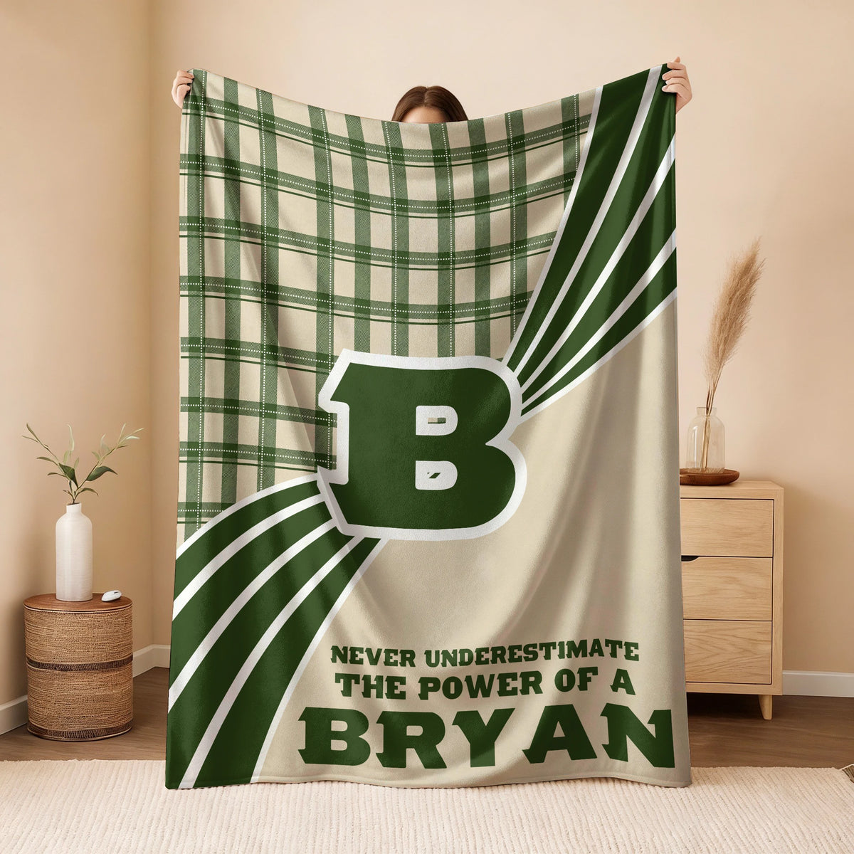 Never Underestimate Your Name Green & Cream Plaid Fleece Blanket BRYAN 13K1 BK50
