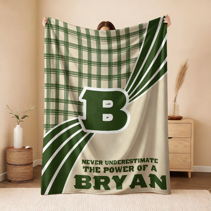 Never Underestimate Your Name Green & Cream Plaid Fleece Blanket BRYAN 13K1 BK50
