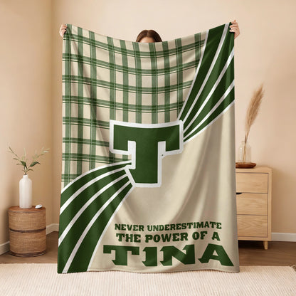 Never Underestimate Your Name Green & Cream Plaid Fleece Blanket TINA 13K1 BK50