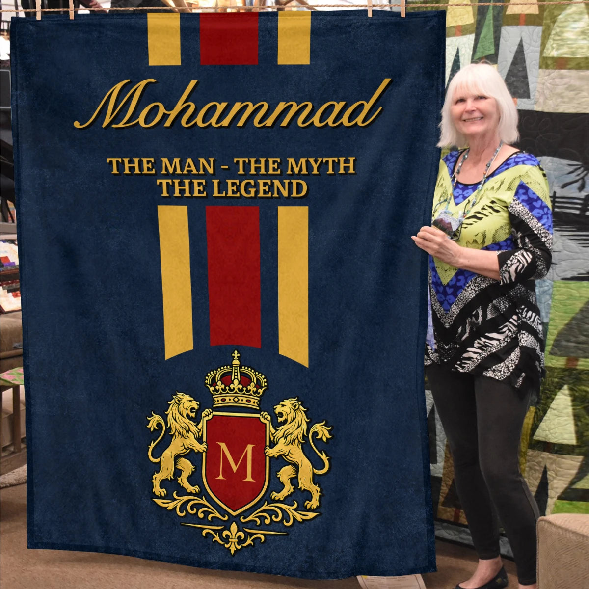 The Man The Myth The Legend Navy Striped Fleece Blanket MOHAMMAD 13K1 BK16