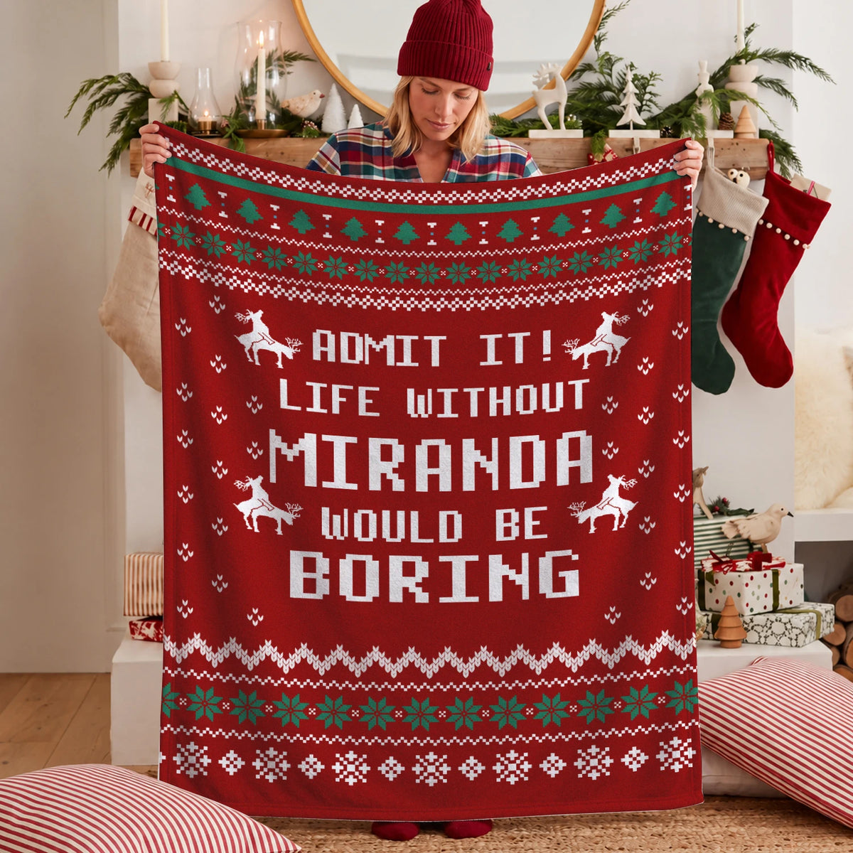 Life Without Your Name Would Be Boring Deer Red Christmas Blanket MIRANDA 13K1 BK25