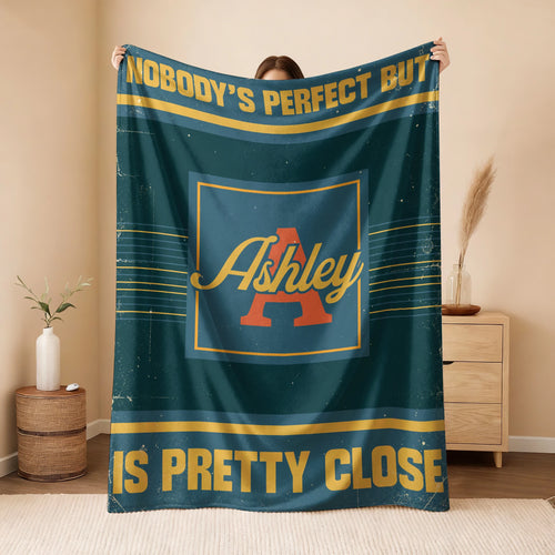 Nobody's Perfect But Your Name Is Close Vintage Blue & Brown Fleece Blanket ASHLEY 13K1 BK54