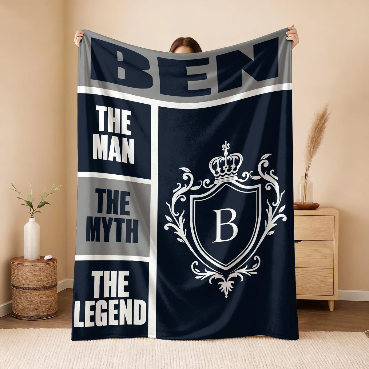 The Man The Myth The Legend Navy Gray & Gold Fleece Blanket  BEN 13K1 BK09