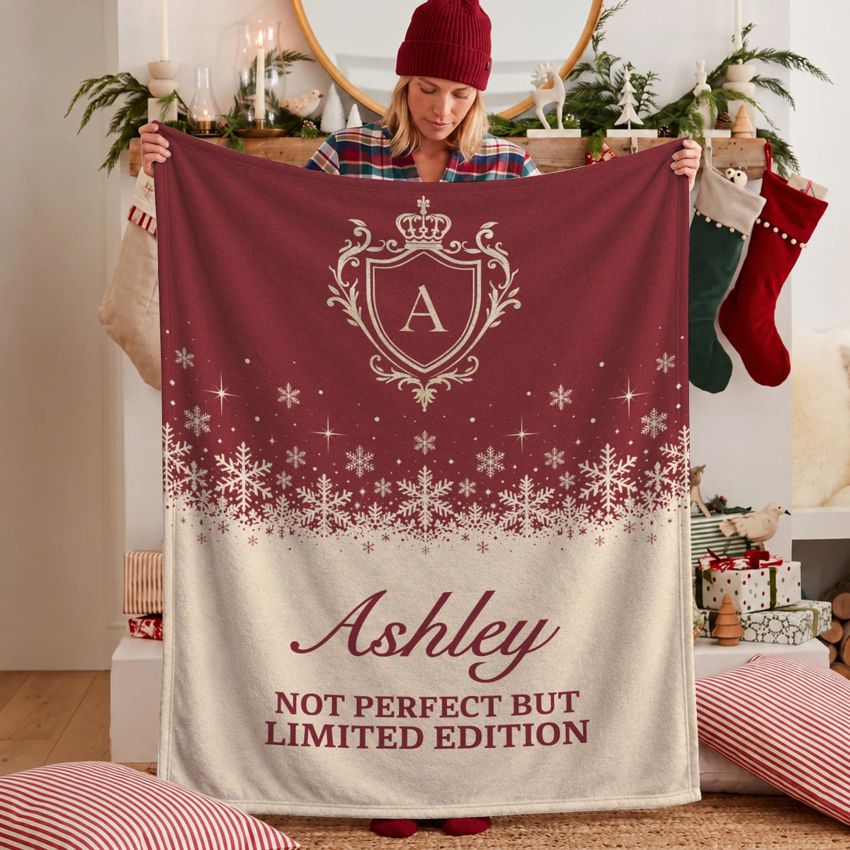 Not Perfect But Limited Edition Red Cream Christmas Fleece Blanket ASHLEY 13K1 BK34