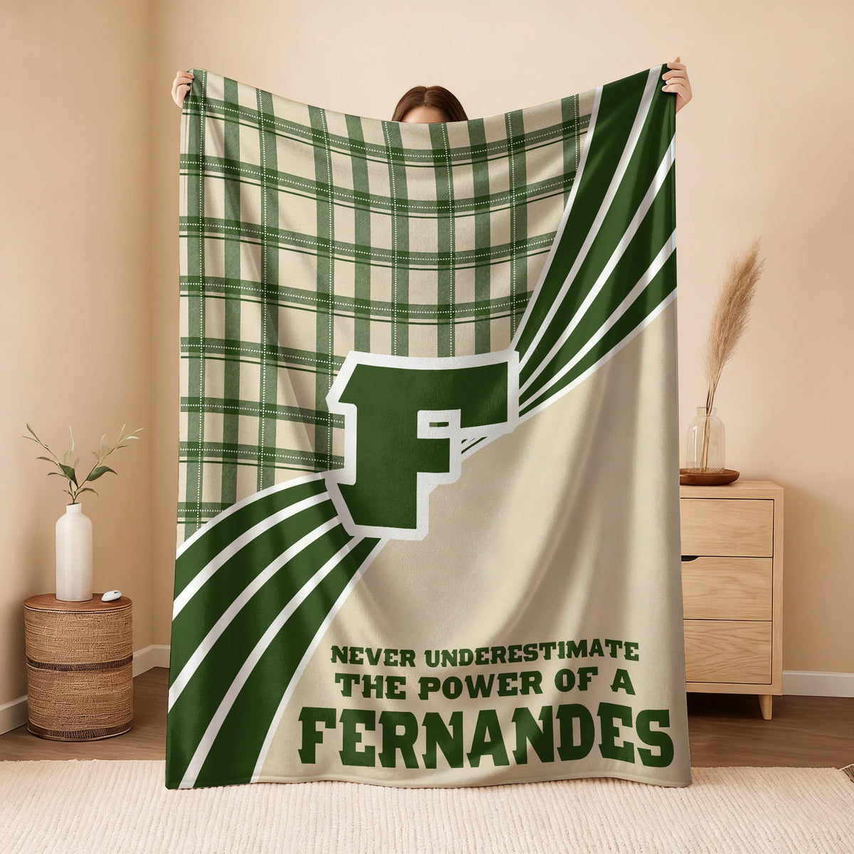Never Underestimate Your Name Green & Cream Plaid Fleece Blanket FERNANDES 13K1 BK50
