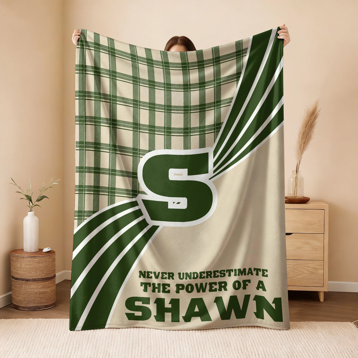 Never Underestimate Your Name Green & Cream Plaid Fleece Blanket SHAWN 13K1 BK50
